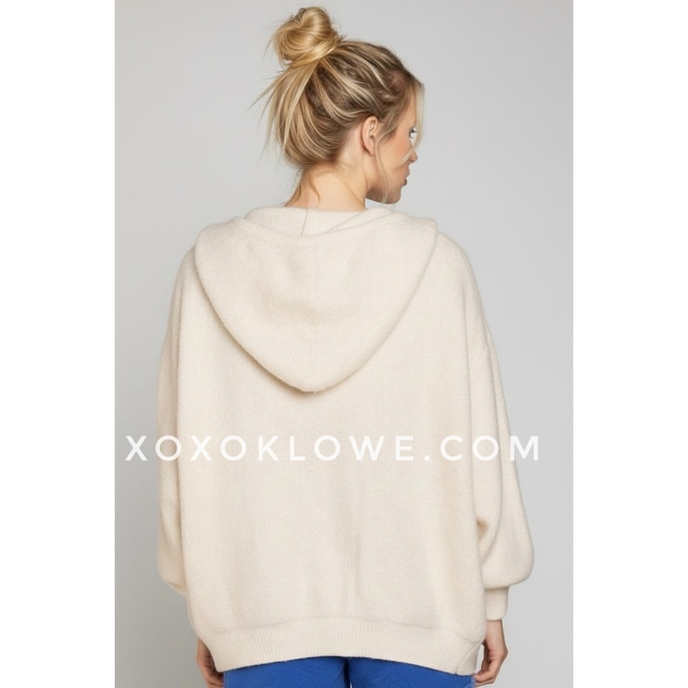 POL Cream Peace Patch Fuzzy Knit Hoodie | Oversized Zip Sweater - Picture 7 of 8